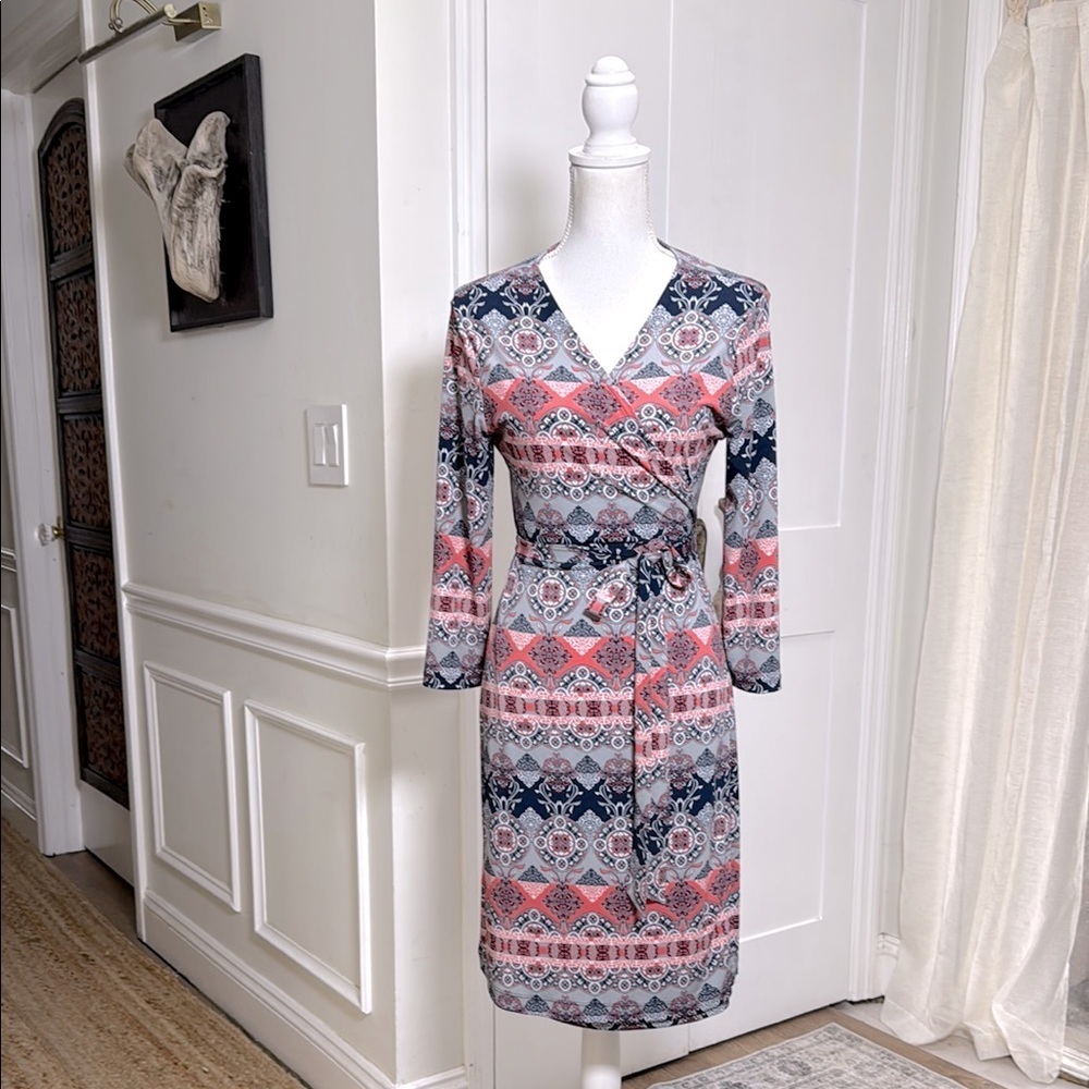 Banana Republic Womens Wrap‎ Midi Dress M Geometric Print Long Sleeve Fall Chic